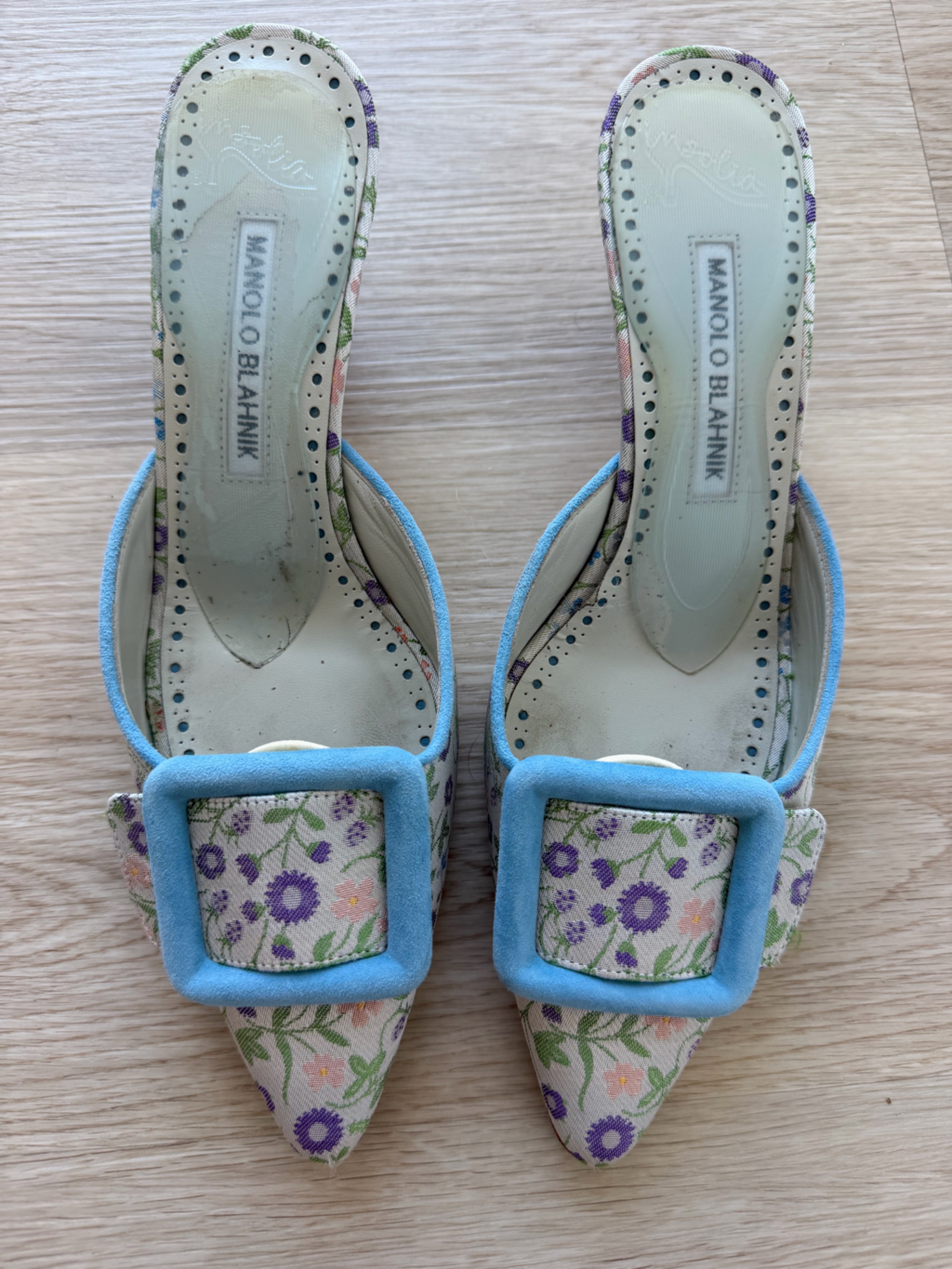Manolo Blahnik Blue Floral Maysale With Buckle Size 37